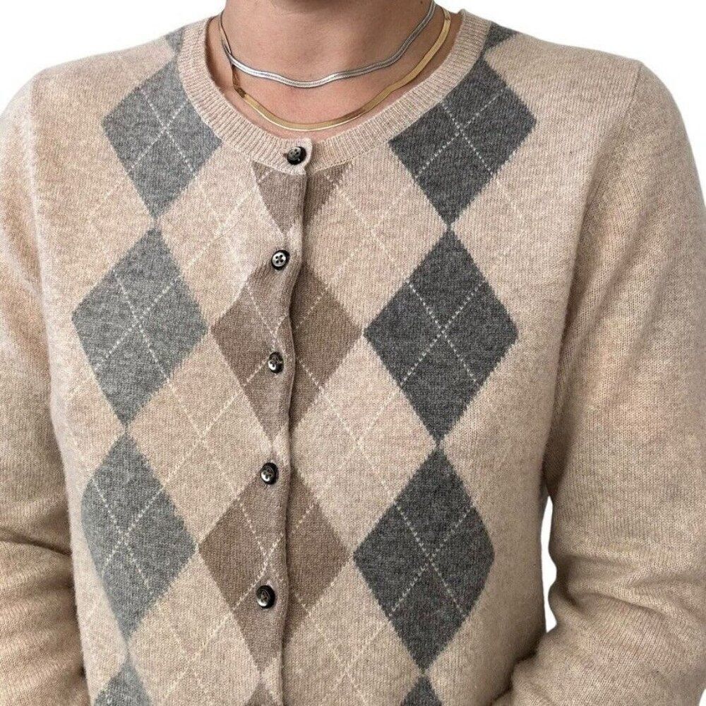 NWOT Apt 9 Womens Beige 100% Pure cashmere Preppy Argyle Cardigan sz L - Picture 4 of 7